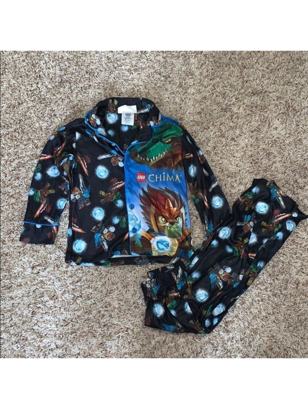 Lego Chima Pajamas 4 Boys Blue Fleece Long Sleeve Button Shirt & Pants 2 Pc Set